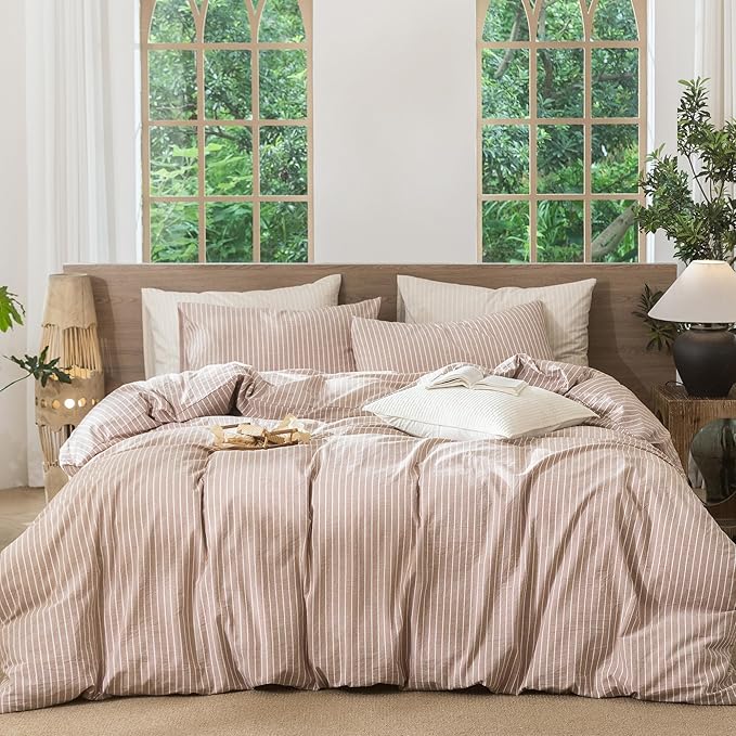 MooMee Striped Duvet Cover Set 100% Washed Cotton Linen Like Textured Breathable Durable Soft Comfy (Orange White Wide Stripes, Queen 90"x90")