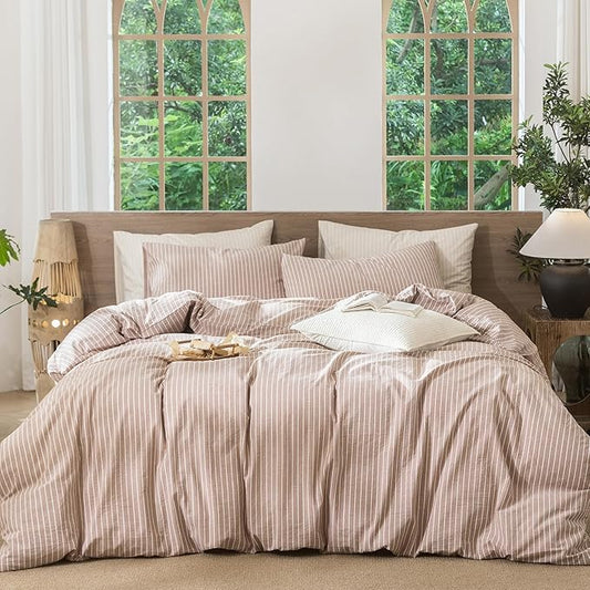 MooMee Striped Duvet Cover Set 100% Washed Cotton Linen Like Textured Breathable Durable Soft Comfy (Orange White Wide Stripes, Queen 90"x90")