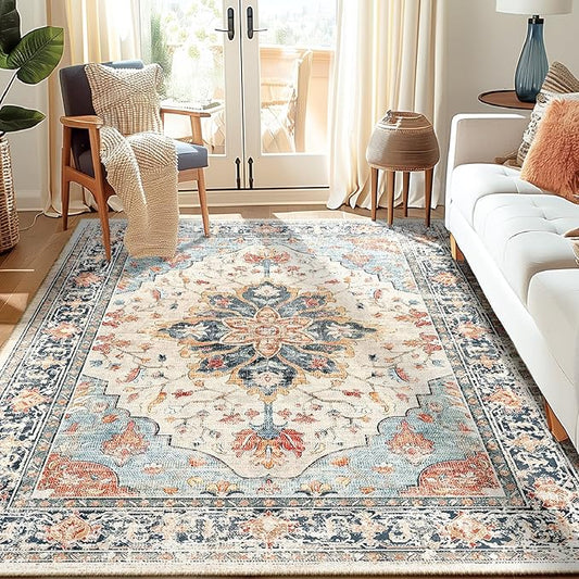 RELEANY Area Rugs 5'x7' Washable Non-Slip, Floral Vintage Distress Print Pattern Medallion Carpet for Living Room Bedroom Dining Room, Beige Navy Blue Orange Colorful