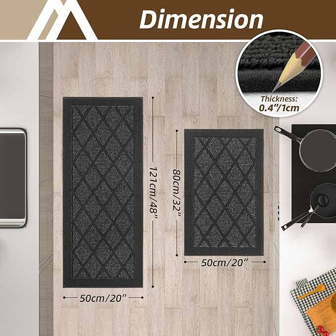 COSY HOMEER Kitchen Mats, 2 PCS Kitchen Rug Non Slip Washable, Absorbent Runner Rugs for Kitchen Floor, 100% Polypropylene Kitchen Sink Rug 20"x32" + 20"x48"(Dark Grey)