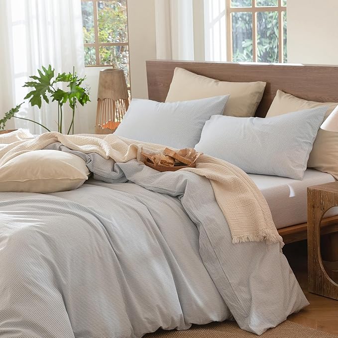 MooMee Striped Duvet Cover Set 100% Washed Cotton Linen Like Textured Breathable Durable Soft Comfy (Cornflower Blue White Pinstripes, Queen 90"x90")