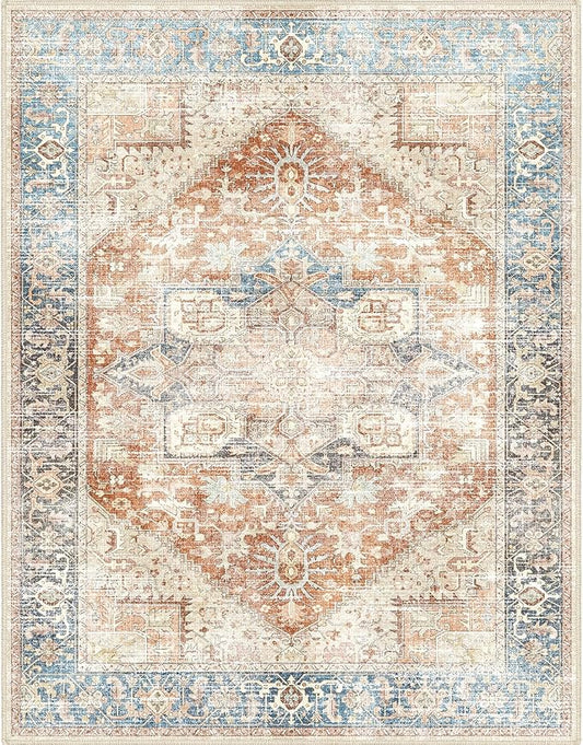 Fortsea Area Rugs 9X12 for Living Room, Machine Washable Non Slip Vintage Retro Rugs, Low Pile Lightweight Faux Wool Print Rug 9x12 for Bedroom, Dining Room, Home Office (9X12 Terracotta/Sky)