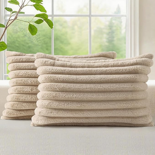 decorUhome Faux Fur Spring Throw Pillow Covers 12x20 Set of 2, Decorative Soft Plush Striped Lumbar Neutral Couch Pillow Covers with Velvet Back for Sofa, Bed, Living Room Home, Khaki Brown