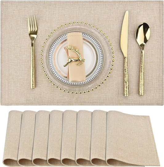 SLKQG Beige Linen Placemats Set of 8, Heat Resistant & Machine Washable Double-Layered Cloth Placemats for Dining Table, Indoor/Outdoor Use, Wrinkle-Free and Non-Slip Kitchen Table Mats (8, Beige)