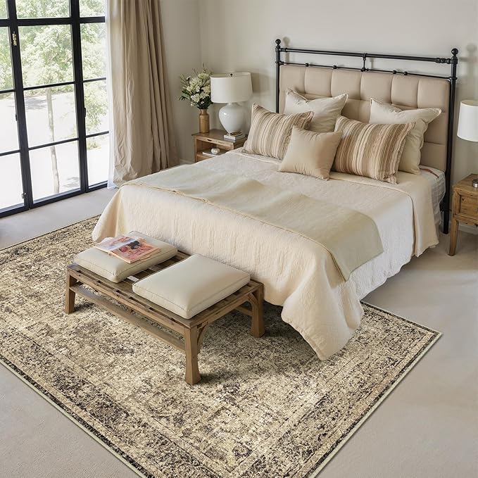 PureCozy 5x7 Area Rug Washable Vintage Neutral Living Room Carpet Large Indoor Non Slip Brown Bedroom Distressed Low Pile Retro Accent Throw Rug for Dining Room