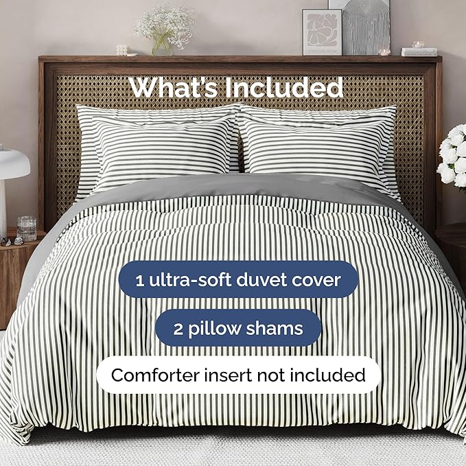 Duvet Cover Full Size Set - Extra Soft Full Size Duvet Cover 80 x 90 with 2 Pillow Shams - Hotel Luxury Easy Care and Fade Free w/Zipper Closures & Ties - Comfy Breathable Bedding Set (Grey Stripes)