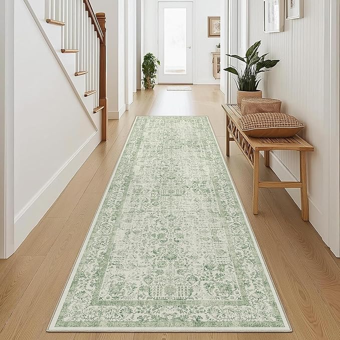 PureCozy Runner Rug 2x5 Sage Green Hallway Washable Vintage Distressed Kitchen Carpet Non Slip Neutral Low Pile Retro Floral Farmhouse Long Throw Rug Entryway Bathroom Office Laundry Dining Room