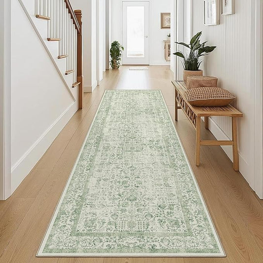 PureCozy Runner Rug 2x8 Sage Green Hallway Washable Vintage Distressed Kitchen Carpet Non Slip Neutral Low Pile Retro Floral Farmhouse Long Throw Rug Entryway Bathroom Office Laundry Dining Room