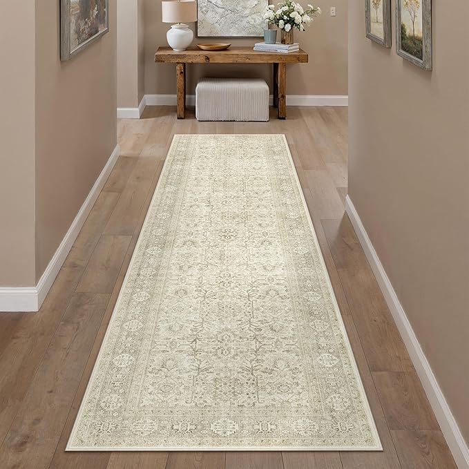 PureCozy Beige Runner Rug 2x8 Vintage Area Carpet Hallway Long Indoor Kitchen Washable Living Room Low Pile Traditional Distressed Retro Accent Throw Rug Non Slip Laundry Bathroom Office