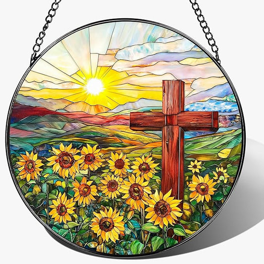 Cross Stained Glass Sun Catcher, Stained Glass Window Hanging, 8 Inch Suncatchers for Windows, Window Hanging Ornament, Easter Faith Home Decor, Cross Gifts, Gift for Religious, Christian Gifts