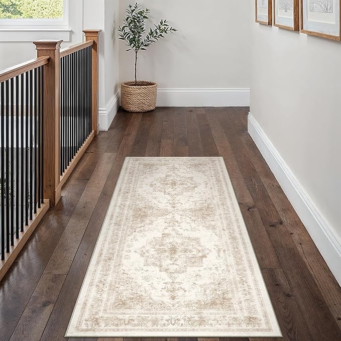 PureCozy Runner Rug 2x5 Cream Hallway Washable Beige Carpet Non Slip Vintage Medallion Beige Carpet Low Pile Soft Distressed Retro Indoor Long Rug for Entryway Kitchen Bathroom Laundry Bedroom