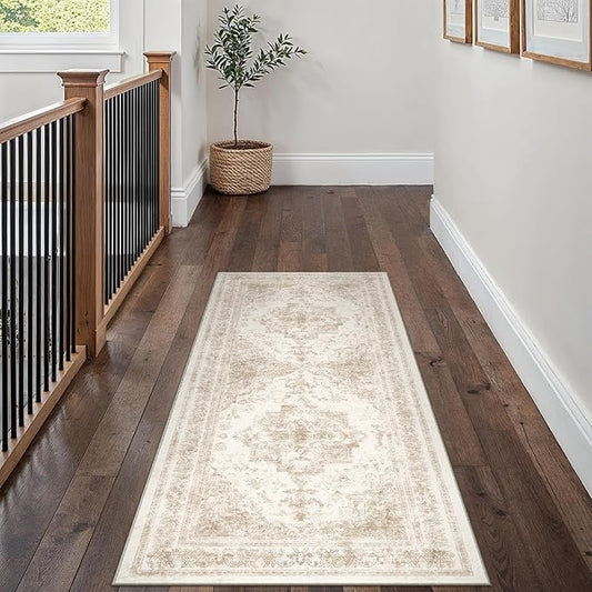 PureCozy Runner Rug 2x5 Cream Hallway Washable Beige Carpet Non Slip Vintage Medallion Beige Carpet Low Pile Soft Distressed Retro Indoor Long Rug for Entryway Kitchen Bathroom Laundry Bedroom