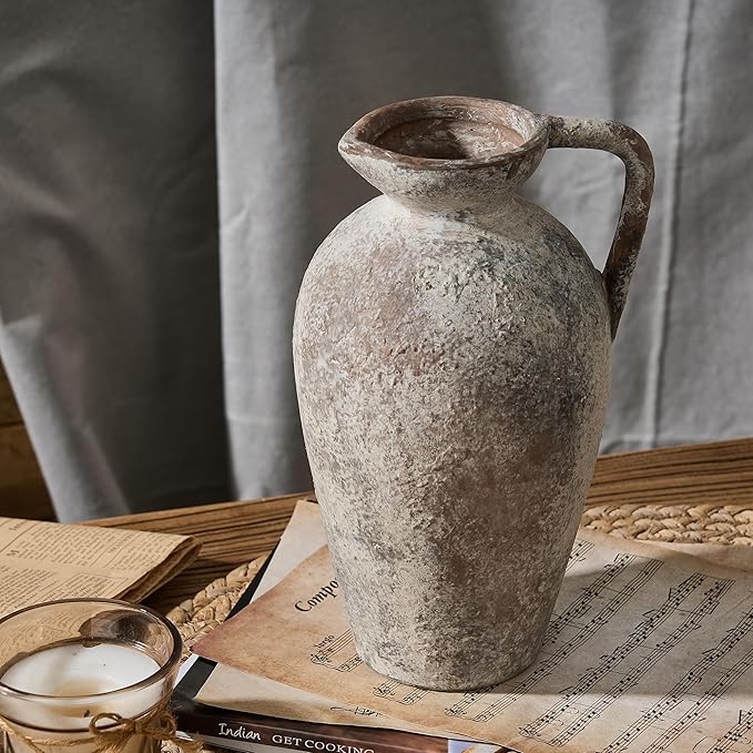 9.3 Inch Antique Ceramic Vase, Terracotta Vase with Handle, Tuscan Decor Farmhouse Decorative Vase, Rustic Vase for Home Decor, Living Room, Entryway, Wedding - Distressed Design, Gray