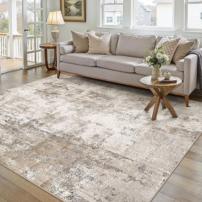 WondRg 6x9 Washable Area Rug Brown Grey Abstract Living Room Bedroom Throw Rug Neutral Modern Non Slip Soft Low Pile Indoor Carpet for Dining Room Office Entryway