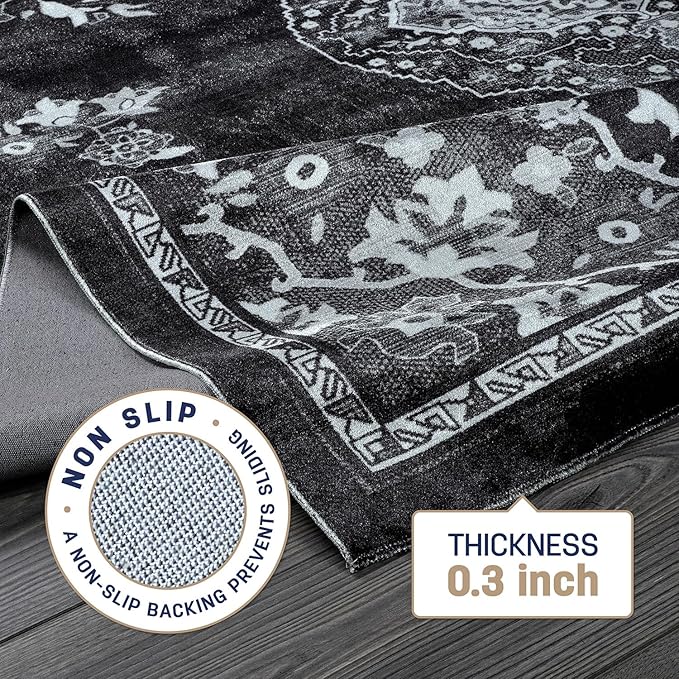 Beverly Rug Non Slip Rugs 2x7 Boho Medallion Floral Non Skid Rubber Backing Easy Silk Soft Runner Rug for Living Room Easy to Clean Non Shedding Kitchen Bedroom Indoor Carpet (2 x 7 Black - White)