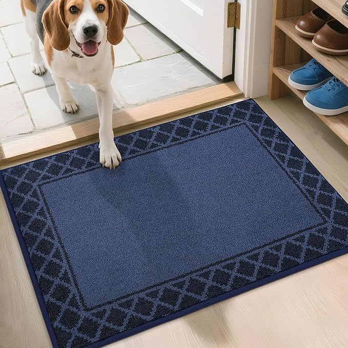 BEQHAUSE Door Mat Dirt Trapper Non Slip Entryway Rugs Absorbent Welcome Mat Low Profile Washable Front Door Mat for Muddy Paws,Entrance,Hallway, 20" x 32", Navy Blue