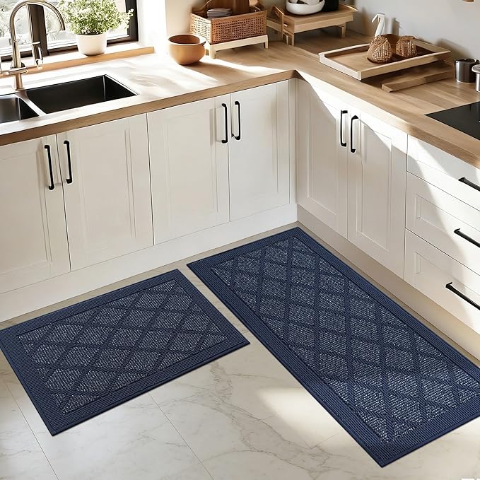 COSY HOMEER Kitchen Mats, 2 PCS Kitchen Rug Non Slip Washable, Absorbent Runner Rugs for Kitchen Floor, 100% Polypropylene Kitchen Sink Rug 20"x32" + 20"x48"(Blue)