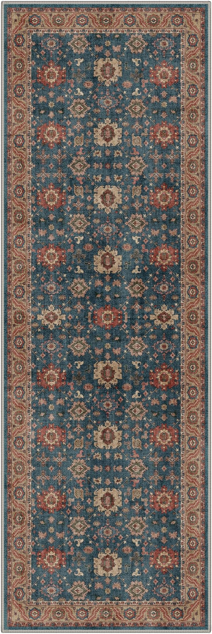 Bavni Boho 2x6 Washable Runner Rug Non Slip, Vintage Accent Floor Hallway Runner, Low Pile Thin Soft Indigo Blue Carpet Stain Resistant, Kitchen Runner Rugs for Entryway, Bedroom, Laundry, Corridor