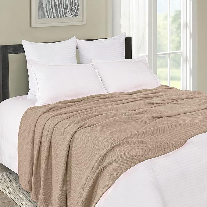 BOUTIQUO 100% Cotton Bed Blanket, Breathable Thermal Blanket Full - Queen Size, Soft Honeycomb Waffle 90''x90'', Perfect for Layering Any All Season, Beige, (90''x90'') (70474)