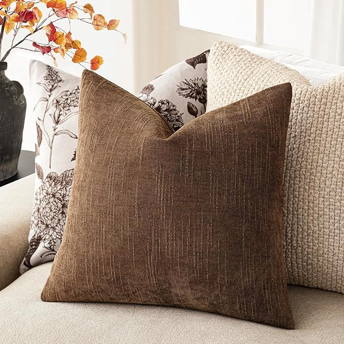 Foindtower Set of 2 Soft Textured Chenille Throw Decorative Pillow Covers Square Accent Solid Cushion Cover Cozy Neutral Farmhouse Pillow Case for Couch Sofa Bedroom Living Room 20x20 Inch,Dark Bronze