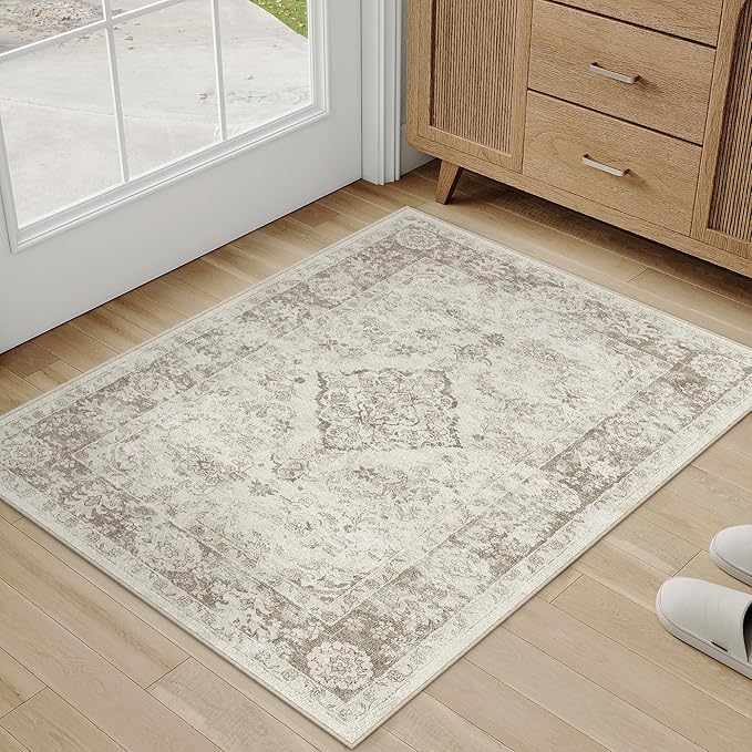 PureCozy 2x3 Area Rug Beige Washable Entryway Door Mat Carpet Vintage Distressed Small Non Slip Low Pile Thin Kitchen Entrance Medallion Accent Throw Rug Bedroom Office Living Room Bathroom