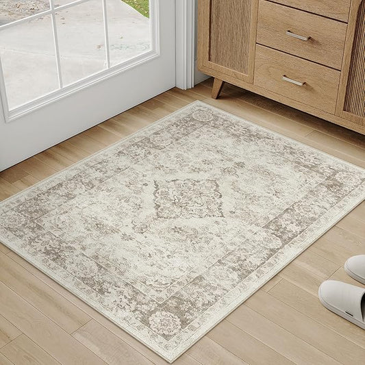 PureCozy 2x3 Area Rug Beige Washable Entryway Door Mat Carpet Vintage Distressed Small Non Slip Low Pile Thin Kitchen Entrance Medallion Accent Throw Rug Bedroom Office Living Room Bathroom