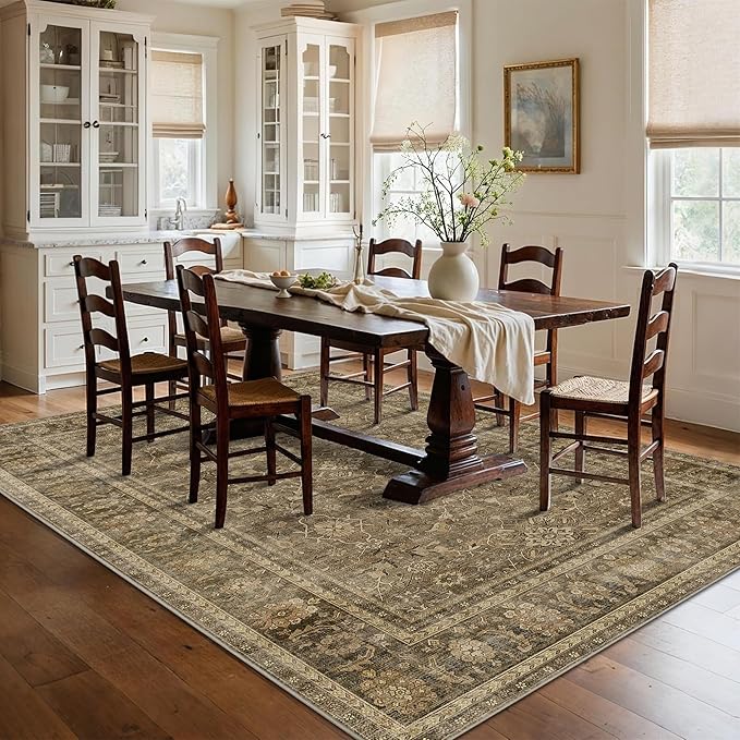 HelloTree Washable Rugs 6x9 Area Rug for Living Room, Vintage Boho Brown Rug Non Slip Carpet Retro Accent Indoor Mat Print Distressed Low Pile Throw Large Rug for Office Bedside-Brown