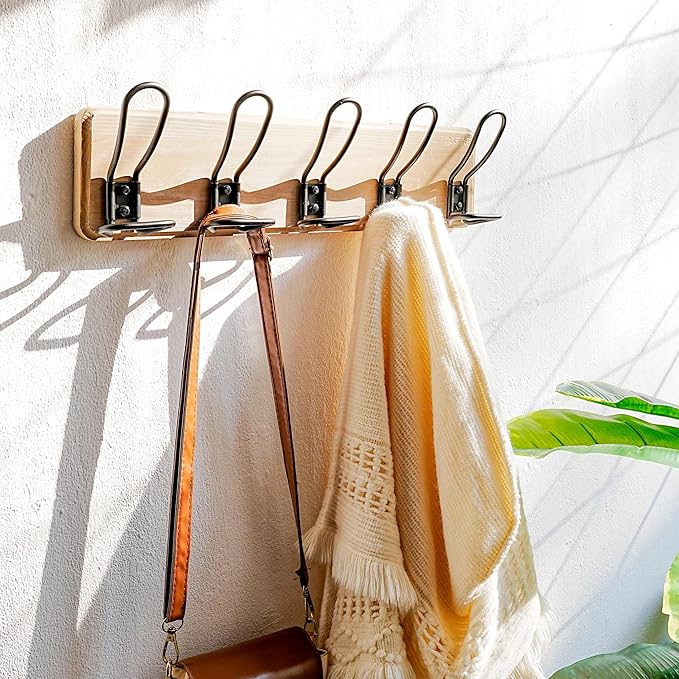Dseap Coat Rack Wall Mounted - Heavy Duty Farmhouse Rustic Wall Coat Hanger With 5 Wire Hooks for Clothes Hat Jacket Towel, RusticWire, G25A, Weathered Brown & Black