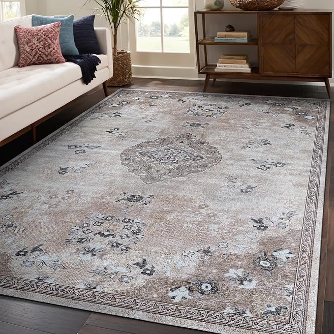 Beverly Rug Non Slip Rugs 6x9 Boho Medallion Floral Non Skid Rubber Backing Easy Silk Soft Area Rug for Living Room Easy to Clean Non Shedding Kitchen Bedroom Indoor Carpet (6 x 9 Beige - Brown)