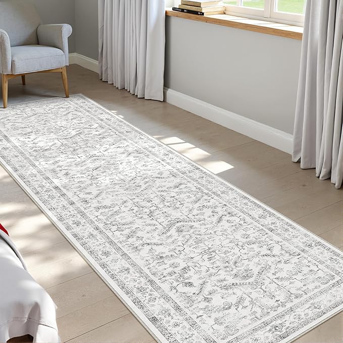 PureCozy Grey 2x7 Runner Rug Vintage Area Carpet Hallway Indoor Kitchen Washable Neutral Low Pile Traditional Distressed Gray Retro Accent Throw Rug Non Slip for Laundry Bathroom Office