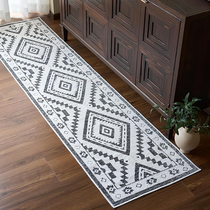 RAMEFILD Moroccan Washable Runner Rug 2x8, Geometric Woven Area Rug, Farmhouse Boho Hallway Rug Runner, Non-Slip Soft Lightweight Throw Mat for Bedroom Living Room Laundry Kitchen, Black and White