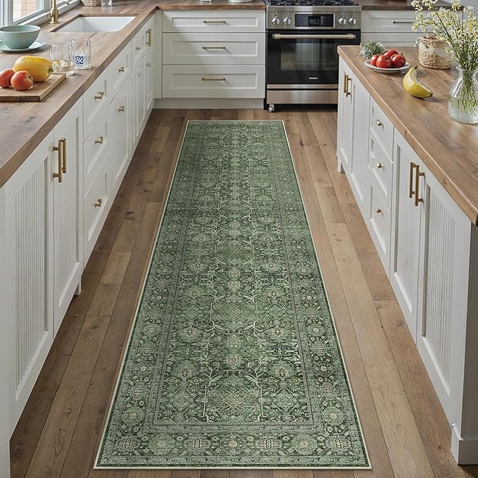 PureCozy Green Runner Rug 2x8 Hallway Washable Carpet Soft Vintage Indoor Kitchen Non Slip Bedroom Traditional Retro Distressed Thicker Throw Long Rug Bathroom Laundry Entryway Office Dining Room