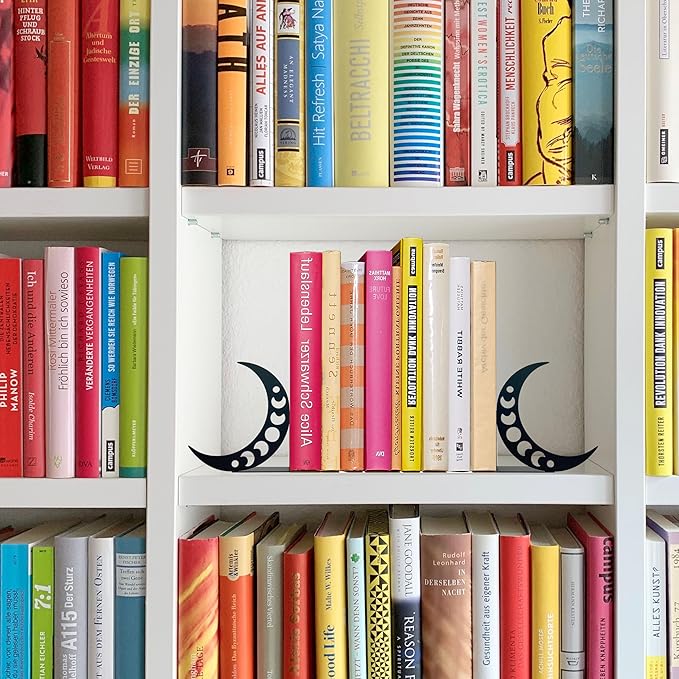 Moon Metal Bookends Moon Phase Decor Moon Book Ends for Shelves Bookshelf Decorative Objects Home Office Desk Bookshelf Decor Nice Gifts for Moon Phase Lovers, Black