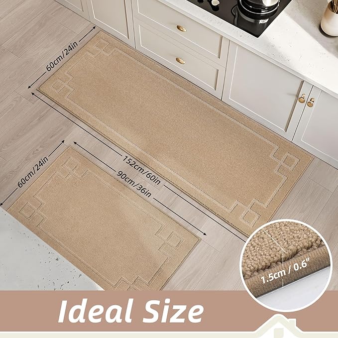BEQHAUSE Kitchen Rugs Non-Slip Washable Rug Sets of 2, Machine Washable Kitchen Mats Absorbent Soft Kitchen Runner Rugs for Floor,Sink,Hallway,Laundry,24”x36”+24”x60”, Beige