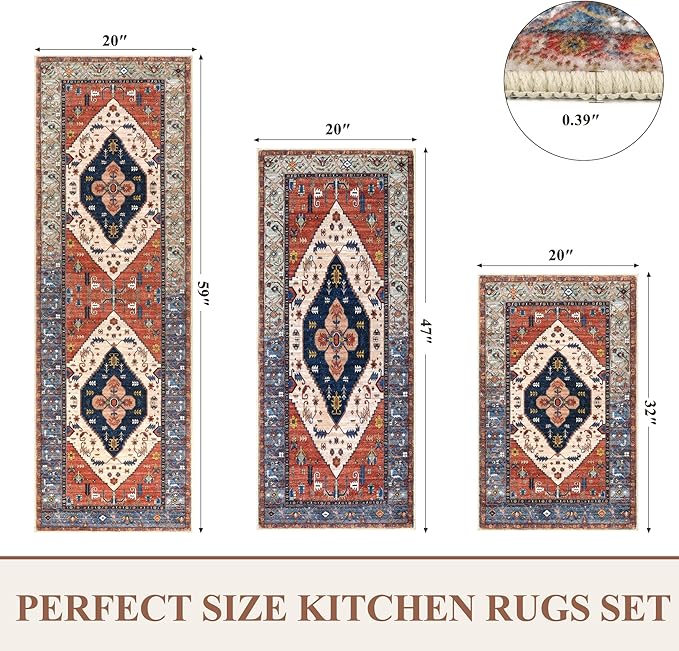 Pauwer Kitchen Rugs Sets of 3 Non Slip Washable Kitchen Mats for Floor Farmhouse Kitchen Floor Mat Runner Rug Boho Kitchen Sink Rug Carpet for Kitchen Hallway Laundry Room, Rust