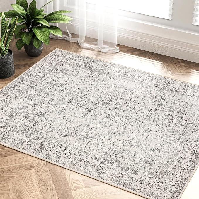 PureCozy Gray Entryway Area Rug 2x3 Door Mat Machine Washable Kitchen Vintage Distressed Non Slip Carpet Indoor Grey Retro Floral Accent Throw Small Rug for Bathroom Office Bedroom Dining Living Room