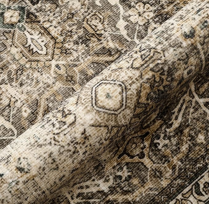 PureCozy Brown Runner Rug 3x7 Vintage Area Carpet Hallway Long Indoor Kitchen Washable Living Room Low Pile Traditional Distressed Retro Accent Throw Rug Non Slip Laundry Bathroom Office Dining Room