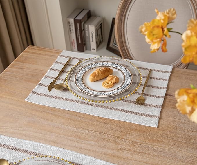 Caflife Boho Farmhouse Placemats Set of 6, Taupe Stripes Cotton Linen Woven Table Mats for Modern Dining Table, 13x19 Inch Rustic Kitchen Decor Place Mats
