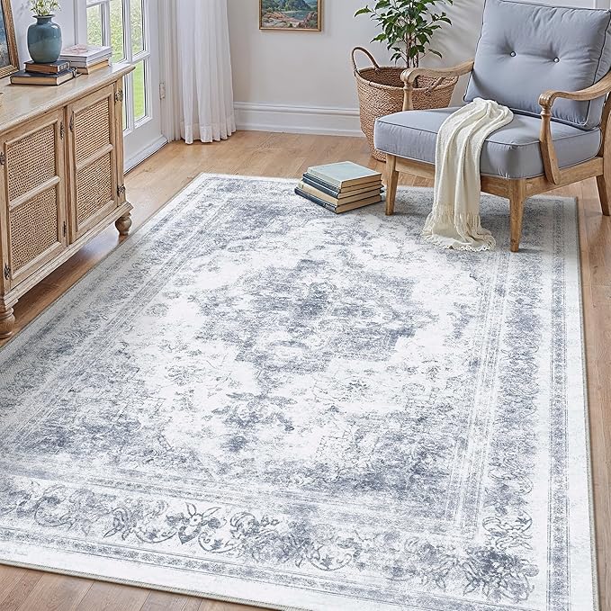 PureCozy Area Rug 5x7 Washable Blue Rug Vintage Boho Medallion Large Distressed Retro Carpet for Living Room Non Slip Indoor Low Pile Small Soft Bedroom Dining Room Home Office