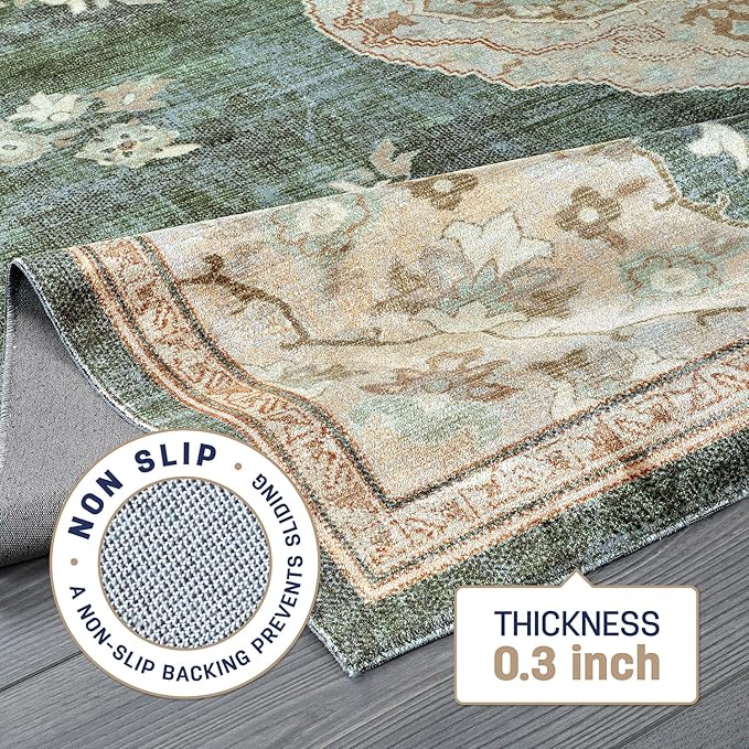 Beverly Rug Non Slip Rugs 2x7 Boho Medallion Floral Non Skid Rubber Backing Easy Silk Soft Runner Rug for Living Room Easy to Clean Non Shedding Kitchen Bedroom Indoor Carpet (2 x 7 Green - Cream)
