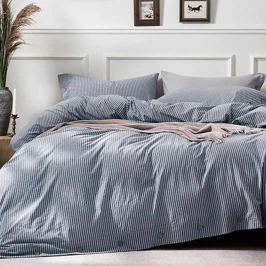 JELLYMONI Cotton Duvet Cover King Size - Blue Vertical Pinstriped Comforter Cover with Button 100% Washed Cotton 3PCS Breathable Soft Solid Bedding Set Duvet Cover 104×90in & 2 Pillowcases