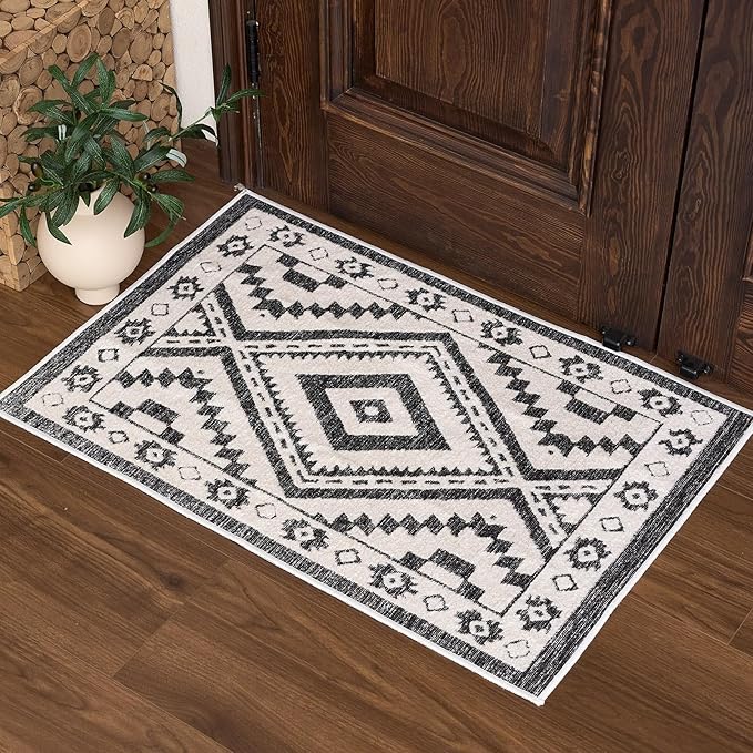 RAMEFILD Moroccan Washable Entryway Rug 2x3, Geometric Decorative Woven Area Rug, Non-Slip Boho Accent Soft Low-Pile Indoor Door Mat, Small Throw Rug for Bedroom Front Porch, Black and White
