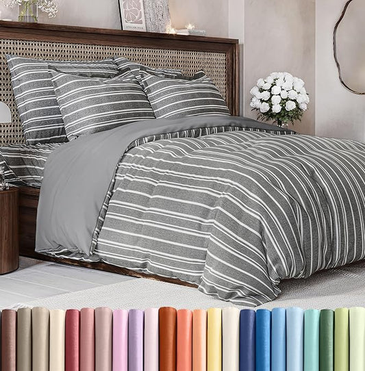 Duvet Cover Cal King Size Set - Extra Soft Cal King Size Duvet Cover 104 x 98 with 2 Pillow Shams - Hotel Luxury and Fade Free w/Zipper Closures & Ties - Comfy Breathable Bedding Set (Grey Stripes)