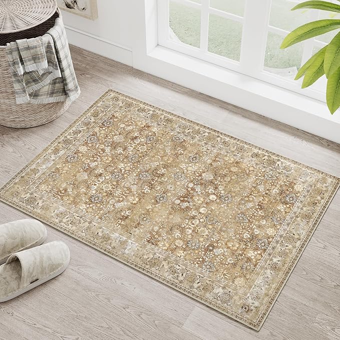 HUGEAR 2x3 Small Rug Machine Washable Area Rug Brown Beige Entryway Rugs Entrance Door Mat Indoor Floral Low Pile Carpet Distressed Throw Rugs Kitchen Bedroom Office Non Slip