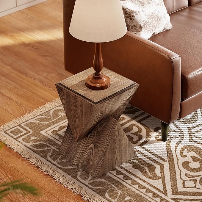 COZAYH Modern Geometric Wood Grain End Table with Structural Design, Farmhouse Side Table with Sculptural Pedestal Base for Living Room, Bedroom, Office, Fully Assembled (Natural)