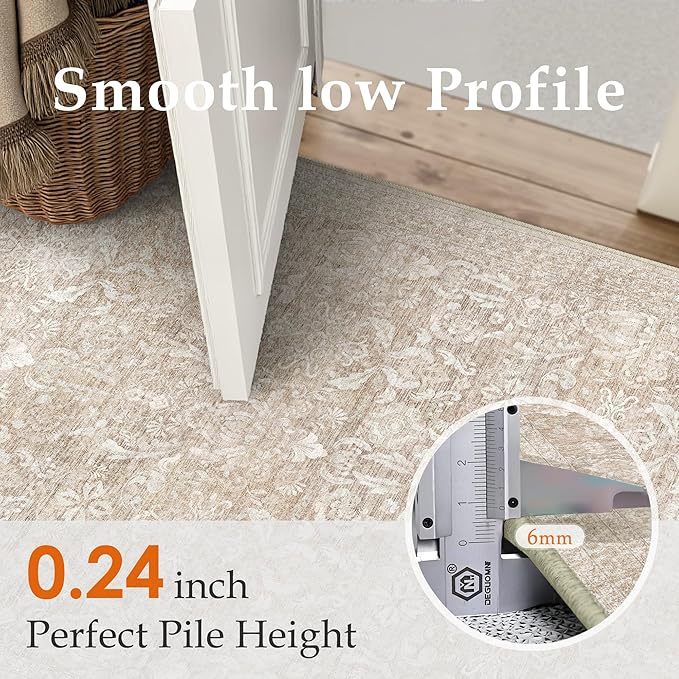 PureCozy 2x3 Area Rug Washable Beige Vintage Entryway Door Mat Carpet Indoor Non Slip Small Low Plie Thin Kitchen Bathroom Rug Retro Accent Throw Entrance Bedroom Office Living Room