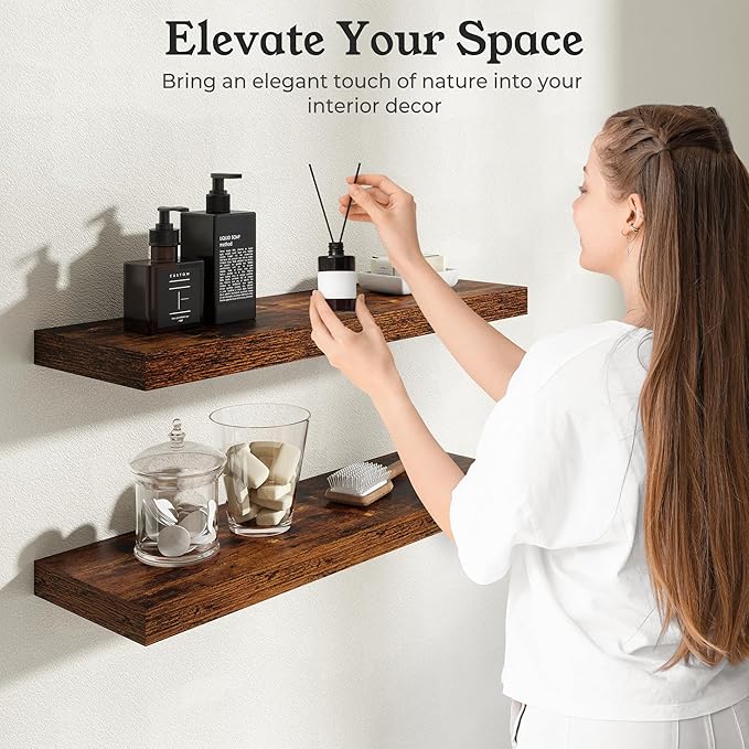 Floating Shelves for Wall, 9.3" Deep Wall Mounted Wood Shelves for Bathroom, Bedroom, Living Room, Kitchen, Hanging Shelf for Books/Storage/Room Decor (Brown, 24")