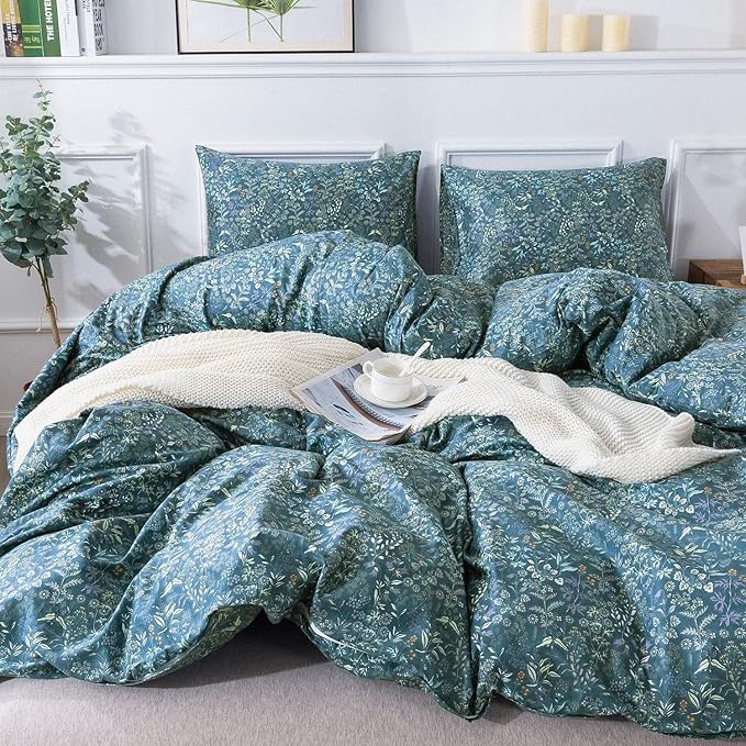 Blue Floral Duvet Cover King Vintage Flower Pattern Duvet Cover 100% Cotton Garden Style Comforter Cover Chic Botanical Floral Bedding Sets for Girls Women 1 Floral King Duvet Cover with 2 Pillowcases