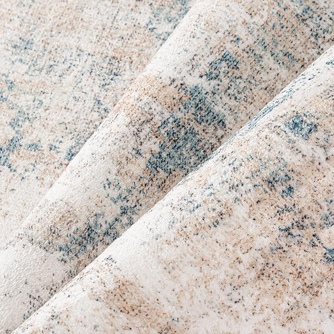 WondRg 5x7 Washable Area Rug Beige Blue Abstract Living Room Bedroom Throw Rug Neutral Modern Non Slip Soft Low Pile Carpet for Kitchen Dining Room Office Entryway