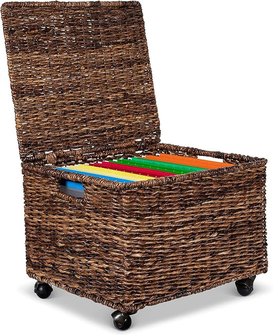 BIRDROCK HOME Rolling File Cabinet with Lid | Small Wooden Under Desk Organizer | Seagrass Basket with Wheels | Portable Home Office Filing System - Mini Decorative Box, Single Drawer, Brown Wash